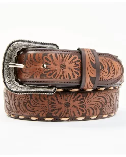 Cody James Men's Lasered Floral Pattern Cream Lace Leather Belt 